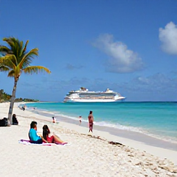 Caribbean Holidays, December Cruises, Visitors relaxing on Grace Bay Beach with calm turquoise sea, soft white sand, palm trees and a cruise ship visible offshore in December sunshine