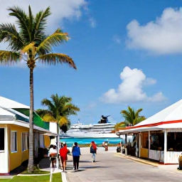 Caribbean Holidays, December Cruises, Visitors walking through colourful Road Town in Tortola with palm trees, small shops and a cruise ship in the harbour