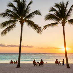 Caribbean Holidays, December Cuba Holidays, Adults-only beachfront resort in Cuba at sunset, palm trees, calm turquoise sea and relaxed guests