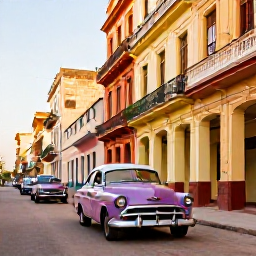 Caribbean Holidays, December Cuba Holidays, Colourful colonial street in Havana, Cuba, with classic American cars, historic buildings and warm afternoon light