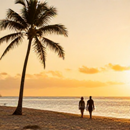 Caribbean Holidays, December Cuba Holidays, Couple walking along a peaceful Cuban beach at sunset, warm golden light, palm trees and calm sea