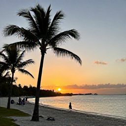 Caribbean Holidays, December Culture, A peaceful Turks and Caicos beach at sunset in December, with palm trees, calm water and a few visitors enjoying the evening