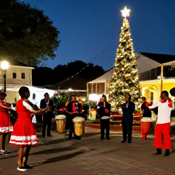 Caribbean Holidays, December Culture, Evening cultural performance in Saint Vincent featuring local drummers, dancers and musicians in a town square decorated for Christmas