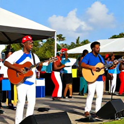 Caribbean Holidays, December Culture, Local musicians performing Caribbean music at an outdoor December event in the Turks and Caicos Islands, with an audience dancing