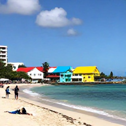 Caribbean Holidays, December Culture, Sunny December day at a Saint Martin beach with colourful buildings, calm sea and visitors exploring the island