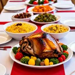 Caribbean Holidays, December Culture, Traditional Saint Martin Christmas food served at a family table, including baked ham, rice and peas, and festive Caribbean dishes