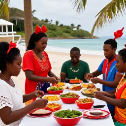 Caribbean Holidays, December Culture, Traditional Vincentian Christmas food being prepared at a friendly outdoor gathering, with tropical ingredients and island scenery