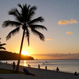 Caribbean Holidays, December Culture, Visitors enjoying a peaceful Saint Vincent beach at sunset in December, with palm trees, calm sea and warm golden light