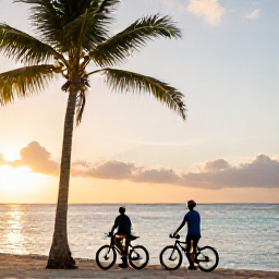 Caribbean Holidays, December Cycling, A cyclist relaxing beside a Jamaican beach at sunset after a day of riding, with palm trees and calm turquoise water