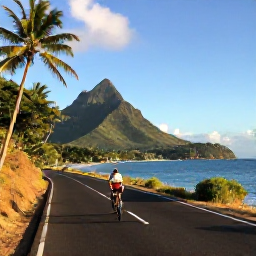 Caribbean Holidays, December Cycling, A cyclist riding along a quiet tropical coastal road on Saint Vincent, with green hills, blue sea and warm December sunshine