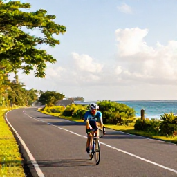 Caribbean Holidays, December Cycling, A road cyclist riding along a quiet coastal road in Jamaica, with tropical greenery, blue sea and warm December sunlight
