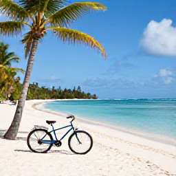 Caribbean Holidays, December Cycling, Bicycle beside a small white-sand beach and turquoise water in the Grenadines, with palm trees and a peaceful island setting