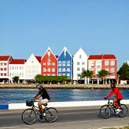 Caribbean Holidays, December Cycling, Colourful Dutch Caribbean buildings in Willemstad viewed from a bicycle, with cyclists exploring the waterfront and clear sunlight