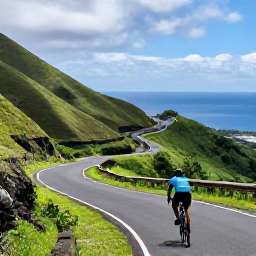 Caribbean Holidays, December Cycling, Cyclist climbing a scenic winding road through lush volcanic hills on Saint Vincent, with dramatic views towards the Caribbean Sea
