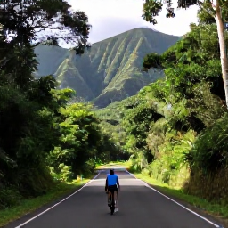 Caribbean Holidays, December Cycling, Cyclist on a lush rainforest road near the Northern Range in Trinidad, with dramatic green mountains and filtered sunlight