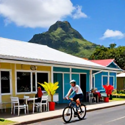 Caribbean Holidays, December Cycling, Cyclist relaxing at a friendly Caribbean caf&eacute; after a ride, with colourful buildings, tropical plants and a Saint Vincent island landscape