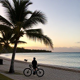 Caribbean Holidays, December Cycling, Cyclist resting beside a quiet Cura&ccedil;ao beach at sunset, with a bicycle, palm trees and calm turquoise water