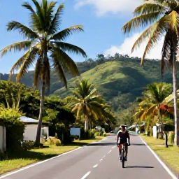 Caribbean Holidays, December Cycling, Cyclist riding along a quiet tropical road in Trinidad and Tobago during bright December sunshine, with palms and green hills