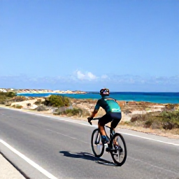 Caribbean Holidays, December Cycling, Cyclist riding along a sunny coastal road in Cura&ccedil;ao in December, with turquoise sea, dry landscapes and bright blue sky