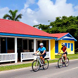 Caribbean Holidays, December Cycling, Friendly Caribbean roadside caf&eacute; in Trinidad and Tobago with cyclists enjoying local food and colourful island surroundings