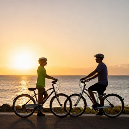Caribbean Holidays, December Cycling, Happy couple with bicycles enjoying a sunset view over the Cura&ccedil;ao coastline, warm evening light and relaxed holiday atmosphere