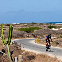 Caribbean Holidays, December Cycling, Road cyclist travelling through the dry countryside of Cura&ccedil;ao, with cacti, low hills and a distant Caribbean coastline