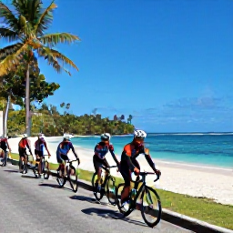 Caribbean Holidays, December Cycling, Road cyclists pausing beside a scenic Caribbean coastline in Tobago, with turquoise sea, white sand and tropical vegetation