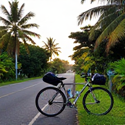 Caribbean Holidays, December Cycling, Well-prepared touring bicycle with helmet and water bottle beside a tropical road in Trinidad and Tobago at sunrise