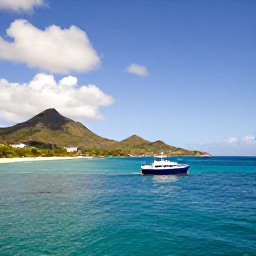 Caribbean Holidays, December Diving, A dive boat approaching a quiet tropical bay with hills and beaches on Saint Martin in bright December sunshine