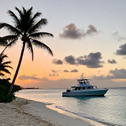 Caribbean Holidays, December Diving, A friendly dive boat returning to shore at sunset in the Turks and Caicos Islands, with palm trees and calm turquoise sea