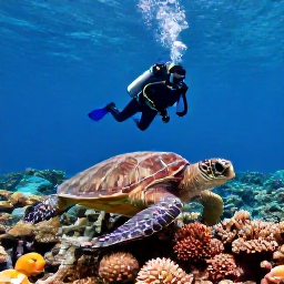 Caribbean Holidays, December Diving, A scuba diver photographing a sea turtle above a healthy coral reef near Providenciales in bright Caribbean sunlight