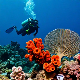 Caribbean Holidays, December Diving, A scuba diver viewing colourful sponges, sea fans and tropical fish on a dramatic volcanic reef in Dominica