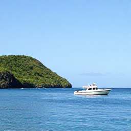 Caribbean Holidays, December Diving, A small dive boat leaving a green volcanic coastline in calm morning seas near Soufriere, Dominica