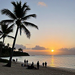 Caribbean Holidays, December Diving, Antigua beach at sunset with palm trees, calm sea and holidaymakers relaxing after scuba diving