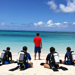 Caribbean Holidays, December Diving, Friendly Caribbean dive instructor briefing a small group of scuba divers on a sunny beach before a reef dive
