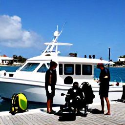 Caribbean Holidays, December Diving, Friendly scuba divers preparing equipment beside a small dive boat in a Caribbean marina on Sint Maarten