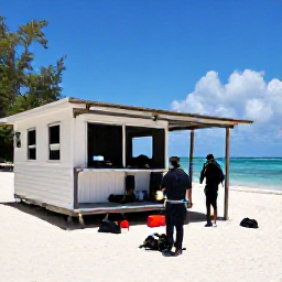 Caribbean Holidays, December Diving, Friendly scuba divers preparing equipment beside a small dive centre on a Caribbean beach in Tobago