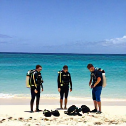 Caribbean Holidays, December Diving, Friendly scuba divers preparing equipment beside a sunny Cura&ccedil;ao beach with calm turquoise sea