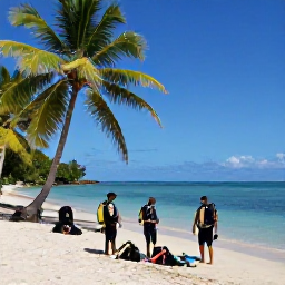 Caribbean Holidays, December Diving, Friendly scuba divers preparing equipment beside a tropical beach in Dominica, with palm trees and calm blue sea
