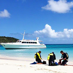 Caribbean Holidays, December Diving, Friendly scuba diving boat anchored beside a small uninhabited island in the British Virgin Islands, with divers preparing equipment under a sunny blue sky