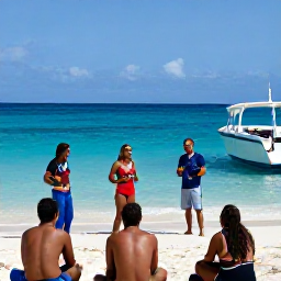 Caribbean Holidays, December Diving, Friendly scuba diving instructor briefing holidaymakers beside a boat on an Antigua beach