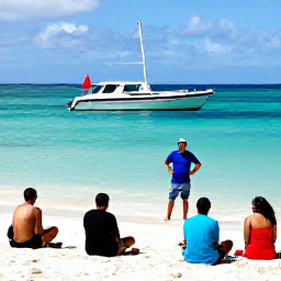 Caribbean Holidays, December Diving, Friendly scuba diving instructor briefing holidaymakers beside a dive boat on a Dominican Republic beach