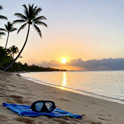 Caribbean Holidays, December Diving, Relaxed Caribbean beach at sunset with palm trees, calm sea and a diver's mask resting beside a towel