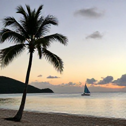 Caribbean Holidays, December Diving, Relaxed Caribbean beach in the British Virgin Islands at sunset, with palm trees, calm water and a small sailing boat offshore
