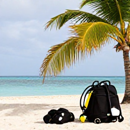 Caribbean Holidays, December Diving, Relaxed holiday scene at a Cura&ccedil;ao beach after scuba diving, with palm trees, calm sea and dive gear