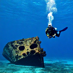Caribbean Holidays, December Diving, Scuba diver descending beside a historic shipwreck in clear blue Caribbean water near Tortola, British Virgin Islands
