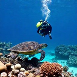 Caribbean Holidays, December Diving, Scuba diver observing a sea turtle above a Caribbean coral reef near Barbuda
