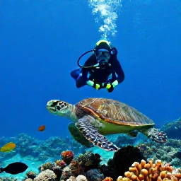 Caribbean Holidays, December Diving, Scuba diver observing a sea turtle above coral reef and tropical fish in the Dominican Republic