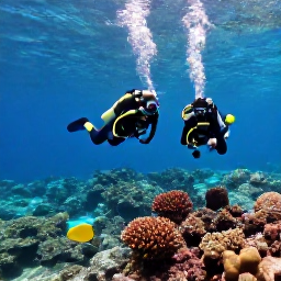 Caribbean Holidays, December Diving, Scuba divers exploring a colourful coral reef in clear tropical water off Tobago