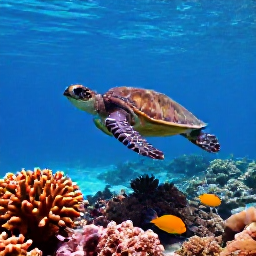 Caribbean Holidays, December Diving, Sea turtle swimming above coral and tropical fish at a Cura&ccedil;ao dive site in clear Caribbean water